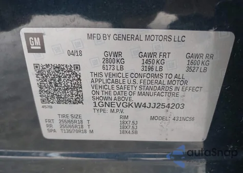 2018 Chevrolet Traverse 1Lt from USA, damaged, VIN 1GNEVGKW4JJ254203
